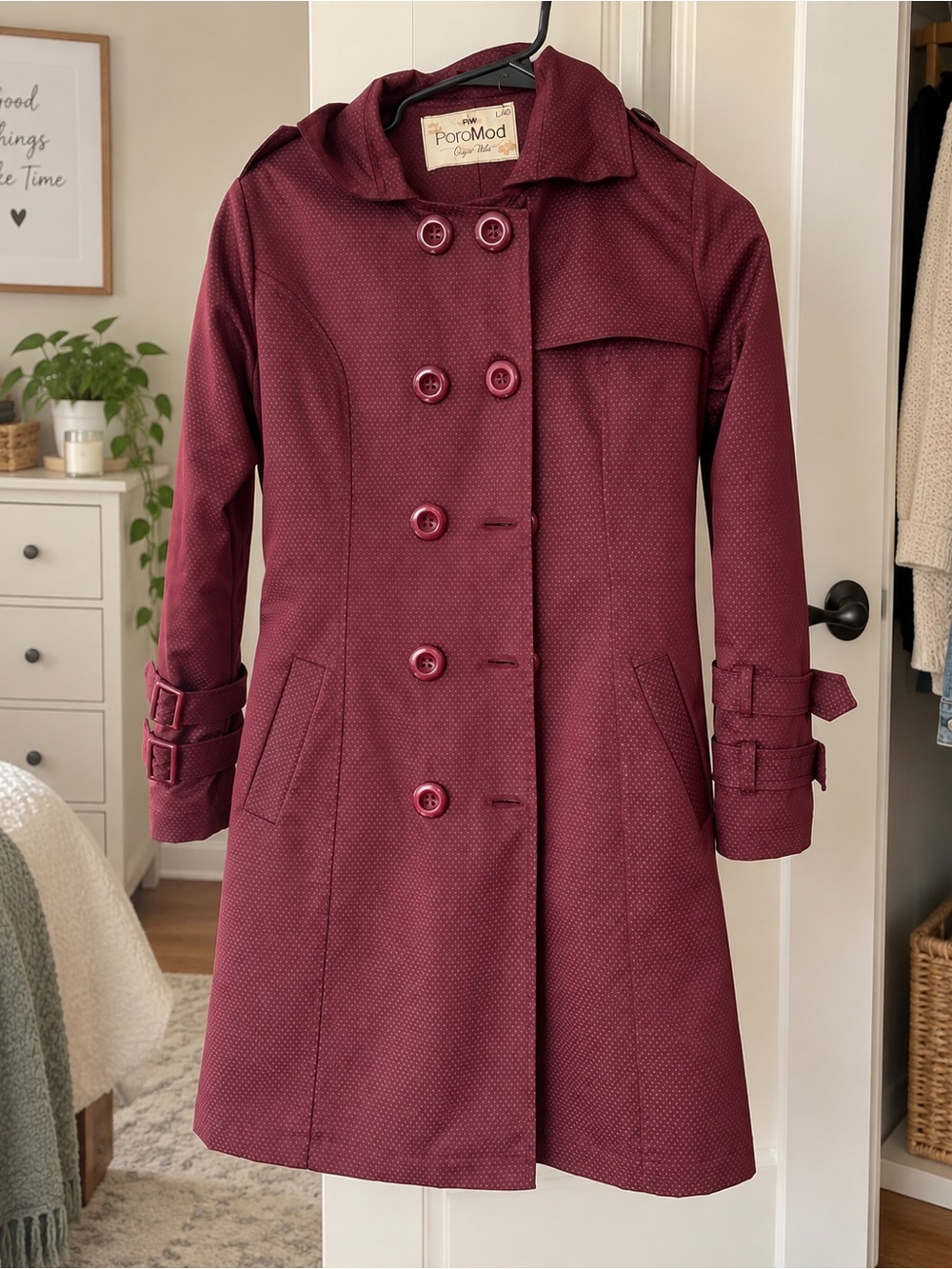 Promod Burgundy Double-Breasted Trench Coat